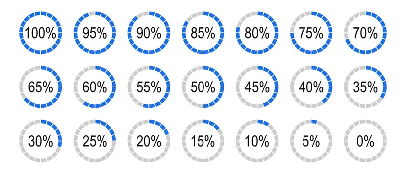 Percentage infographics minimal elements. Round diagrams icons for infographics from 0 to 100 percent. Blue, grey color fill divided pie charts indicator layout. Circle graph loading progress mockup. vector