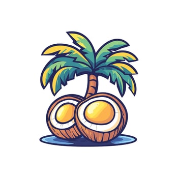 Cartoon drawing of a palm tree with two coconuts on the ground. The coconuts are yellow vector
