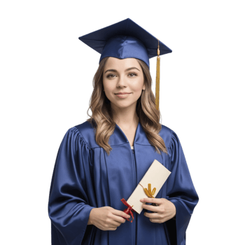 A young woman in a blue graduation gown holding a diploma png