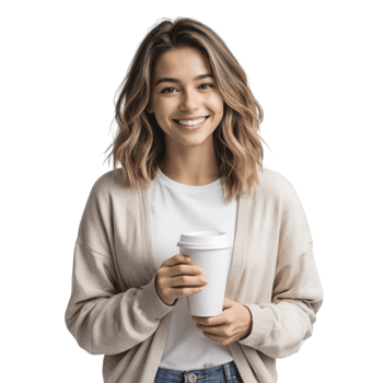 Smiling woman holding a coffee cup png