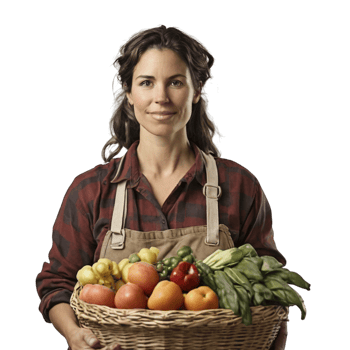 A woman holding a basket full of fresh produce png