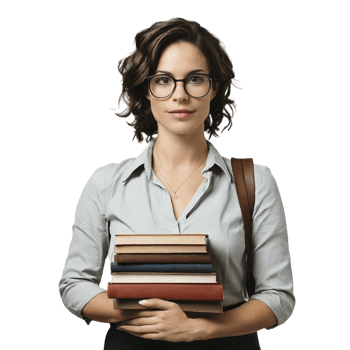 A woman in glasses holding a stack of books png