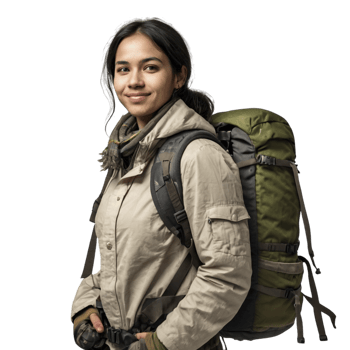 A woman with a backpack standing in front of a black background png