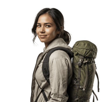 A woman with a backpack standing in front of a black background png