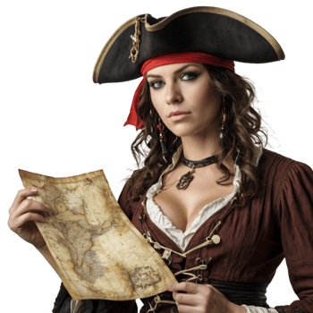 A beautiful woman in pirate costume holding a map png