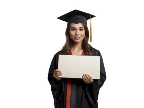 A woman in a graduation gown holding a blank paper png