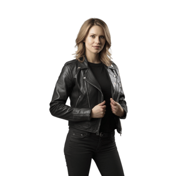A woman in black leather jacket posing for the camera png
