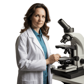 A woman in a lab coat is standing in front of a microscope png