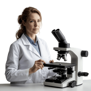 A woman in a lab coat is looking at a microscope png