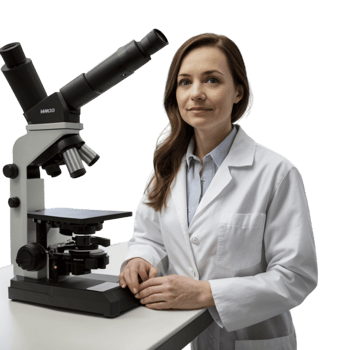 A woman in a lab coat standing in front of a microscope png