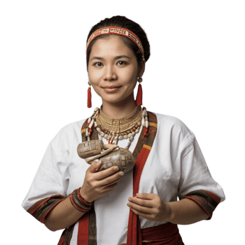 A woman in traditional clothing holding a small object png