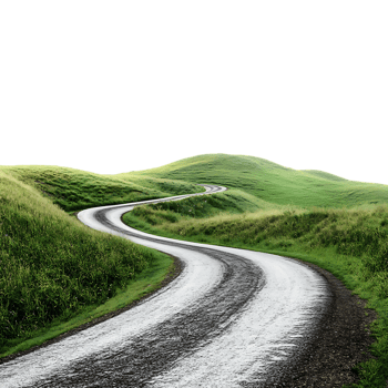 Winding Road Through a Lush Green Field over Transparent Background for Scenic, Travel, or Nature Design Projects png