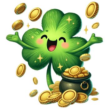 Cheerful clover character surrounded by shiny gold coins. St. Patrick's Day concept. png