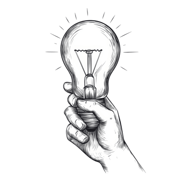 A hand holds a glowing light bulb showcasing creativity and inspiration in a handdrawn style illustration, glowing light bulb in hand drawn style isolated on transparent background png