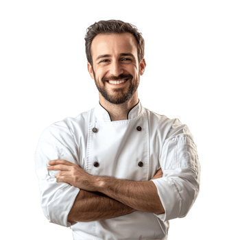 Friendly chef in a transparent uniform smiling with arms crossed in a bright kitchen setting during daylight, chef portrait, friendly smiling arms crossed, transparent background png