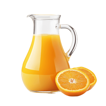 Freshly squeezed orange juice jug with halved oranges on a bright transparent background in a natural setting, Glass of fresh orange juice isolated on transparent background png