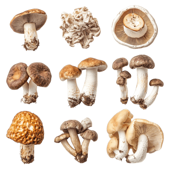 A variety of edible mushrooms showcasing porcini and shiitake on a clean transparent background, Various Mushrooms on transparent background Porcini, Shiitake, Fly Agaric, Morel png