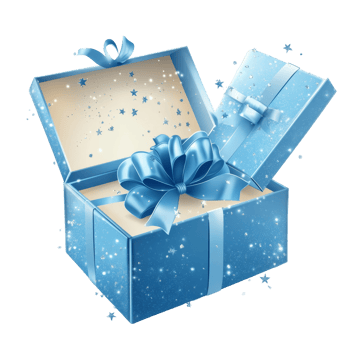 A beautiful blue open gift box with a shiny bow surrounded by sparkling confetti, Blue open gift box Stock Illustration png