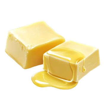 Melting butter blocks on a clean surface, creating a rich and creamy texture perfect for cooking or baking, Two pieces of butter melting isolated png