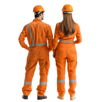 Couple in construction attire stands together in bright orange outfits, ready for work, Couple in Construction Attire Back View Isolated on transparent background png