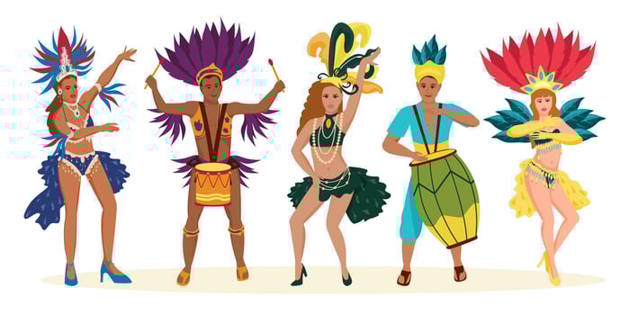 A set of samba dancers in colorful stage costumes at a Brazilian carnival. Two drummers and three female dancers. Mardi Gras street parade. vector