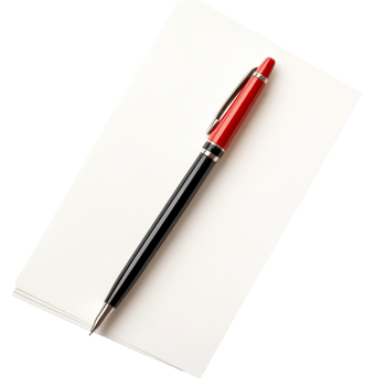 Stylish black and red pen resting on a stack of blank transparent notepad sheets, file of isolated object on transparent background png