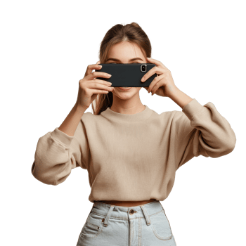 Young woman capturing moments with her smartphone in a cozy setting, Young woman taking pictures with her smartphone file no background png