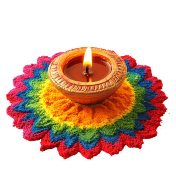 Happy Diwali oil lamp glowing on vibrant rangoli design, symbolizing celebration and light during festival season, Happy Diwali, oil lamp on colorful rangoli over transparent background png