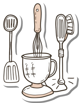 Kitchen Utensils and Mixing Bowl Design png