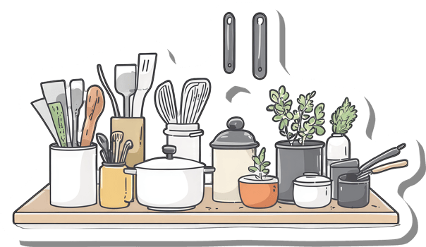 Organized Kitchen Utensils and Plants on Shelf png