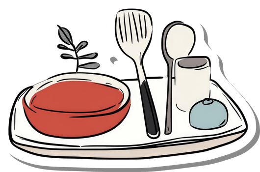 Tray of food with utensils and a small plant png