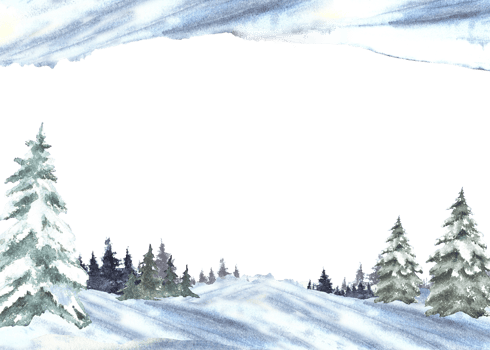 Winter Landscape with snow covered green spruces firs. Snowy Hills, snowdrifts and frosty evergreen forest. Hand drawn watercolor illustration isolated from the background. Template for holiday card. png