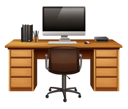 Wooden desk with computer setup and office supplies organized for efficient workspace on transparent background png