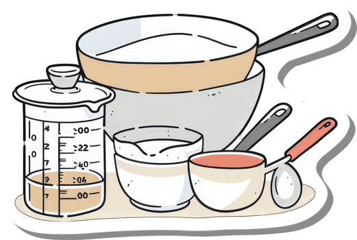 Baking ingredients in various bowls and measuring cups png