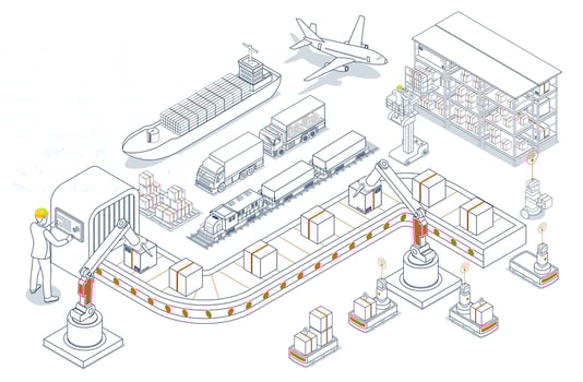 AGV Automated Guided Vehicles integrate into global logistics networks, streamlining transportation operations, supply chain management SCM, and company logistics processes worldwide. vector