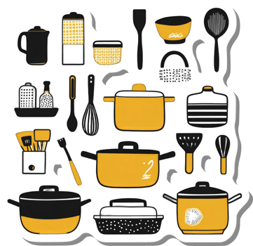 A Collection Of Mustard And Black Kitchen Utensils png