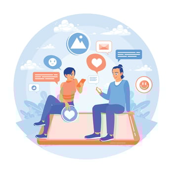 Man and woman chatting or texting on a smartphone. vector