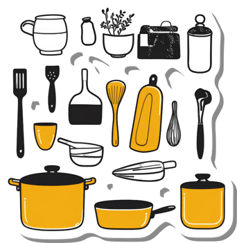 Yellow and Black Kitchen Utensils and Containers png