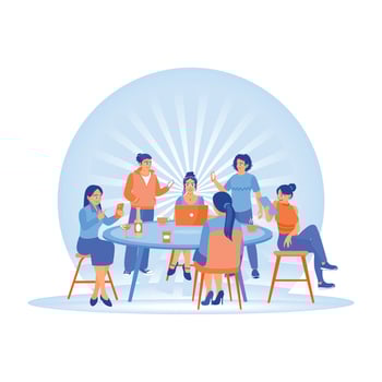 A group of young people gather and socialize using digital devices. vector