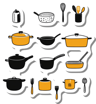 A Collection Of Various Kitchen Pots Pans And Utensils png