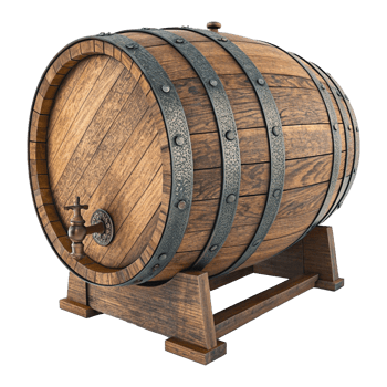 Vintage Oak Wine Barrel with Metal Bands and Spigot Realistic Rendering png