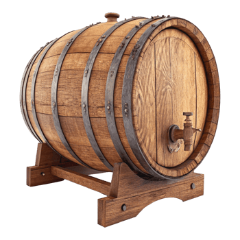 Rustic Wooden Wine Barrel with Metal Hoops and Brass Spigot png