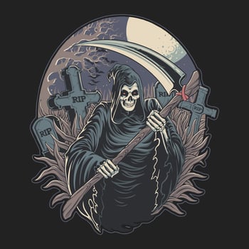 grim reaper in graves halloween night illustration vector