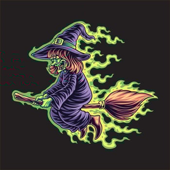 cute witch riding magic brooms illustration vector