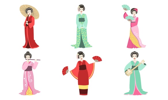 Japanese Girls in Traditional Clothes Set, Asian Woman Wearing a Kimono, Geisha and Kabuki Characters Illustration vector