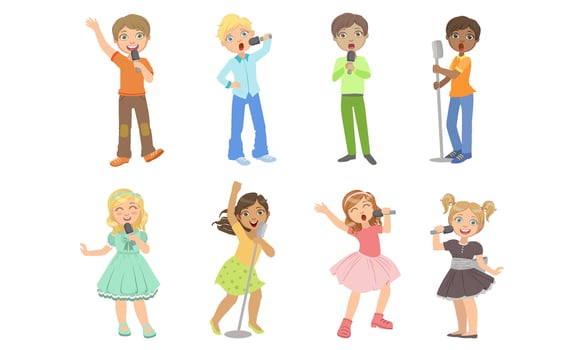 Children Singing with Microphones, Teen Boys and Girls Performing on Stage Illustration vector