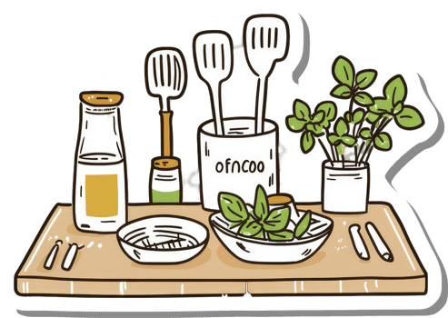 Kitchen Utensils and Fresh Herbs on a Wooden Board png