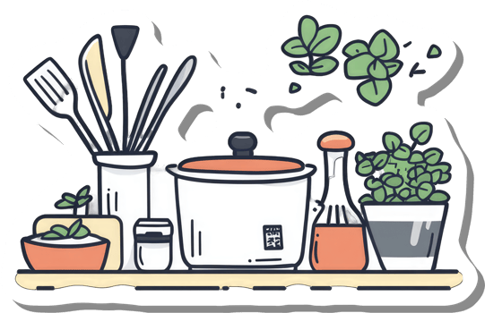 Kitchen Utensils Plants And Cooking Pot Arranged On A Shelf png