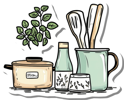 Kitchen Utensils and Herbs in a Cozy Setting png