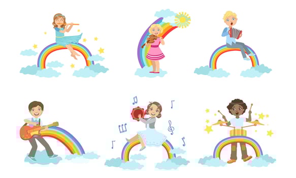 Children Playing Musical Instruments while Sitting on Rainbow Set, Boys and Girls Playing Flute, Violin, Accordion, Guitar, Tambourine, Drum Illustration vector